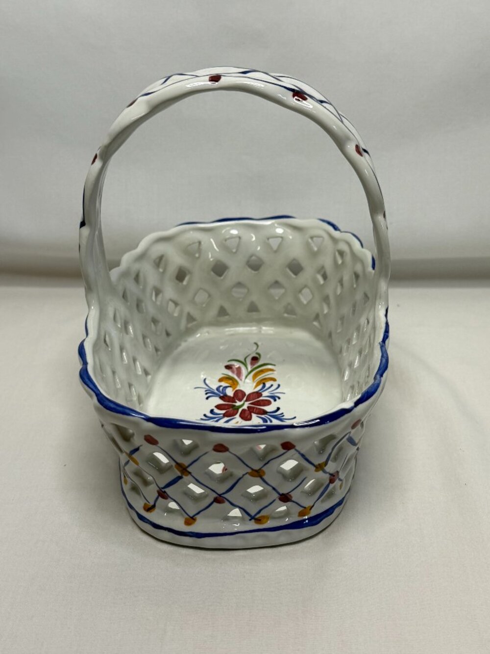 Vtg Hand Painted Portugal RcL Ceramic Lattice Basket Pierced Reticulated 7.5"